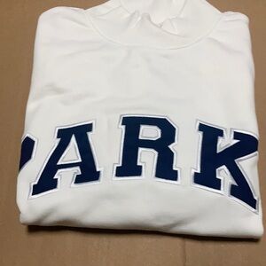 Retro Preppy Mock Neck Pullover with Navy Parke lettering size small / medium